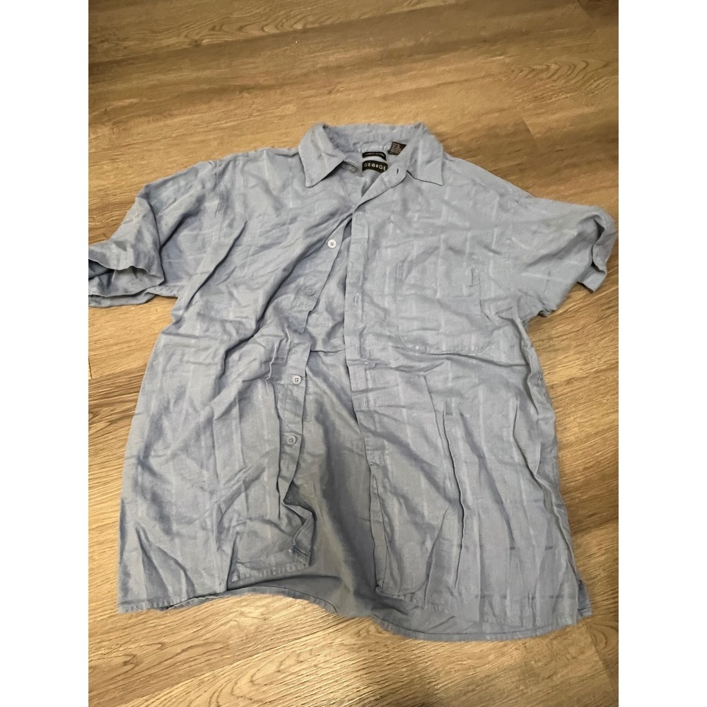 George Mens Blue Linen Blend Short Sleeve Button Down Shirt Size Medium M 38-40